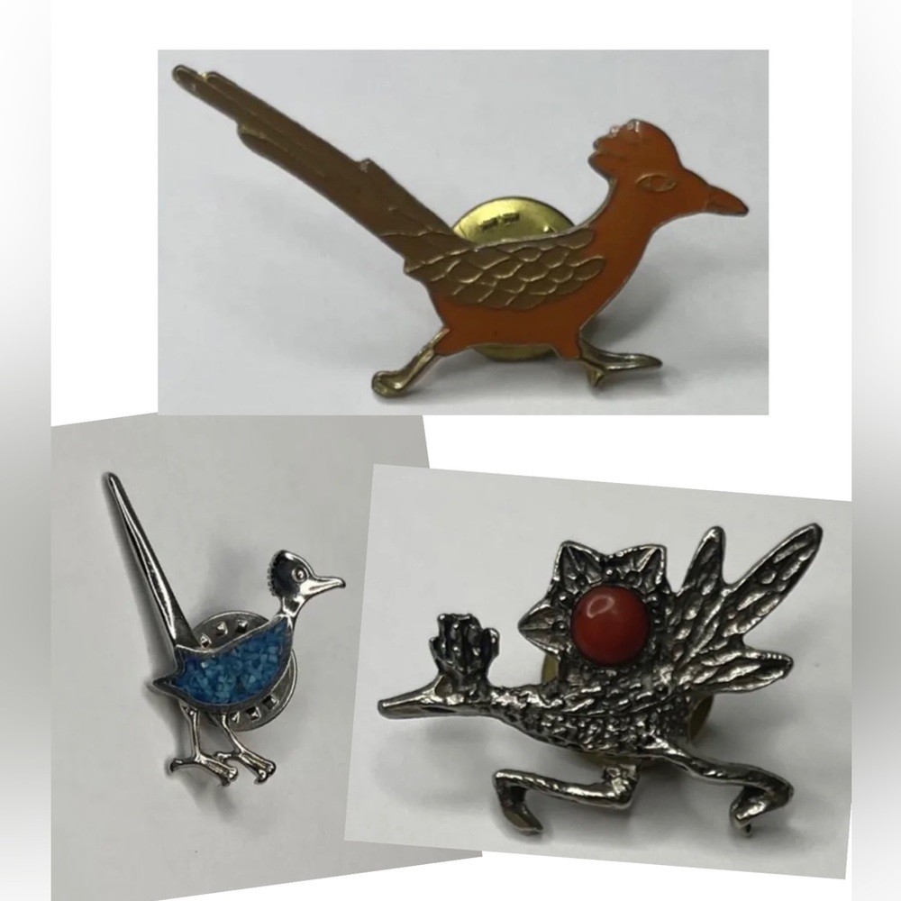 Vintage Roadrunner Lapel Pin Brooch Silver Tone Red Stone Turquoise Enamel Lot 3